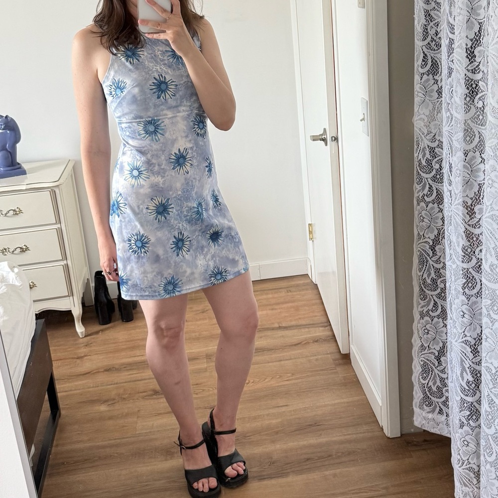 Y2K Blue Floral Mini Dress 90s Boho Fairy Soft Girl Vintage S